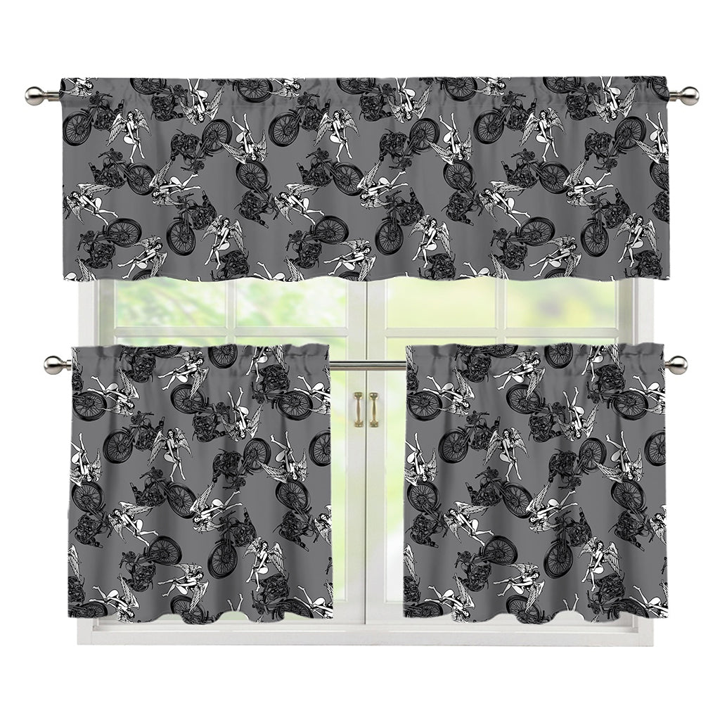 Motorcycle And Angel Pattern Print 3 Piece Kitchen Curtains