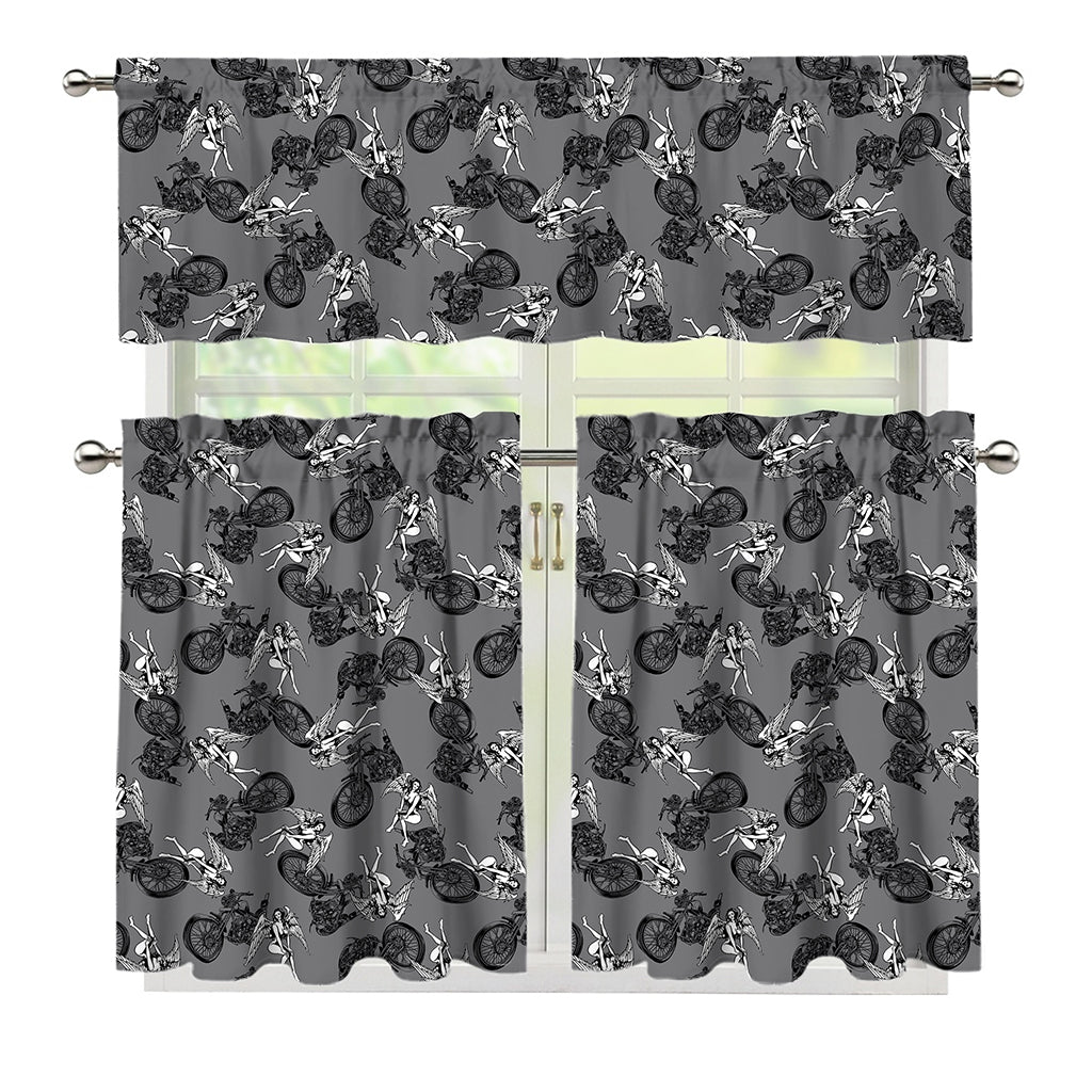 Motorcycle And Angel Pattern Print 3 Piece Kitchen Curtains