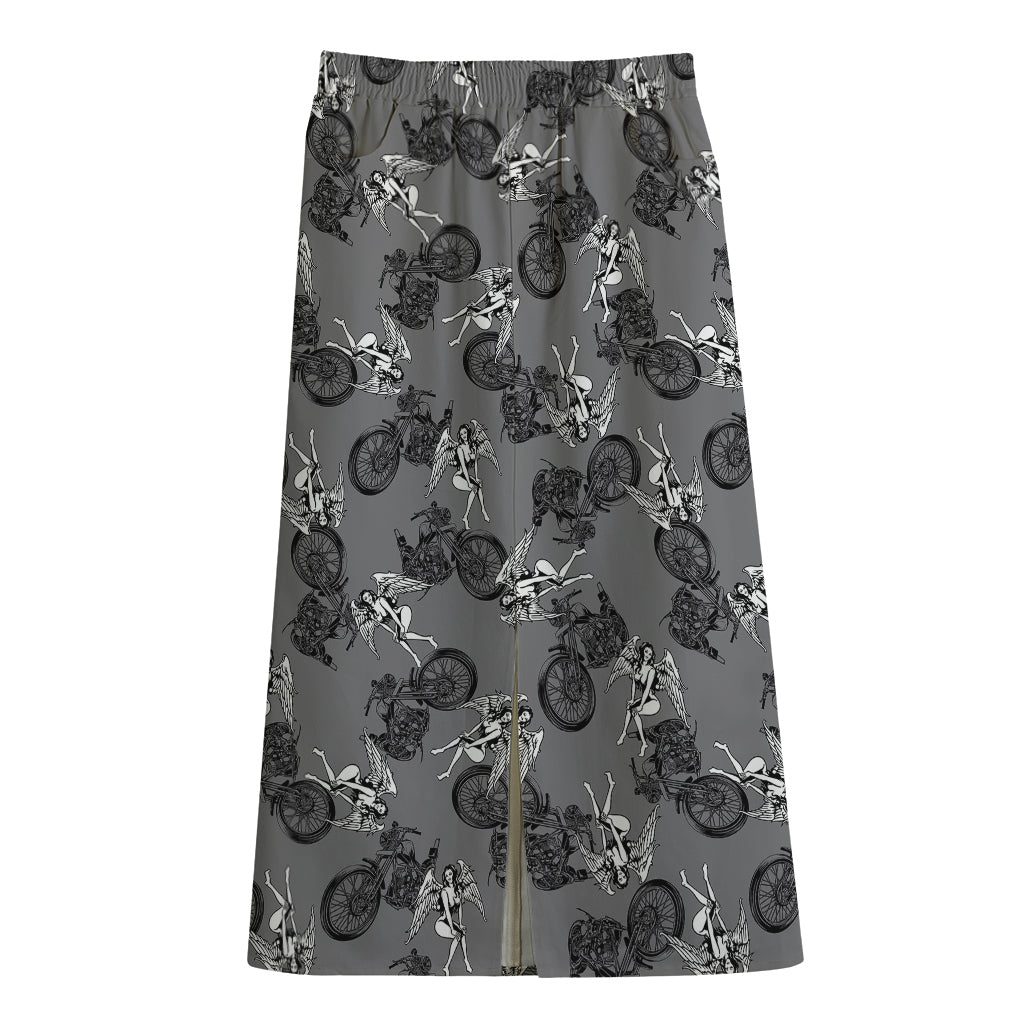 Motorcycle And Angel Pattern Print Cotton Front Slit Maxi Skirt