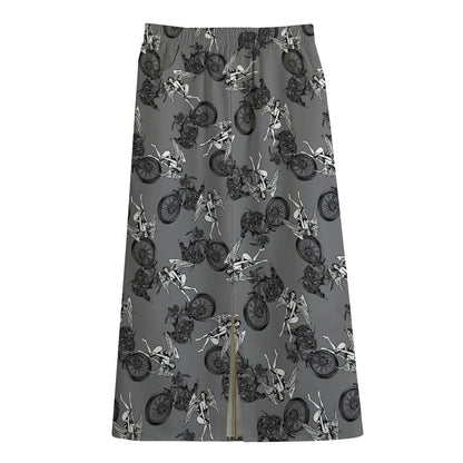 Motorcycle And Angel Pattern Print Cotton Front Slit Maxi Skirt