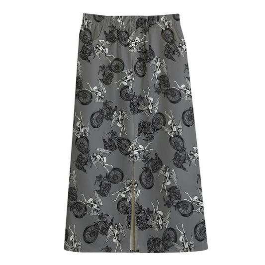 Motorcycle And Angel Pattern Print Cotton Front Slit Maxi Skirt