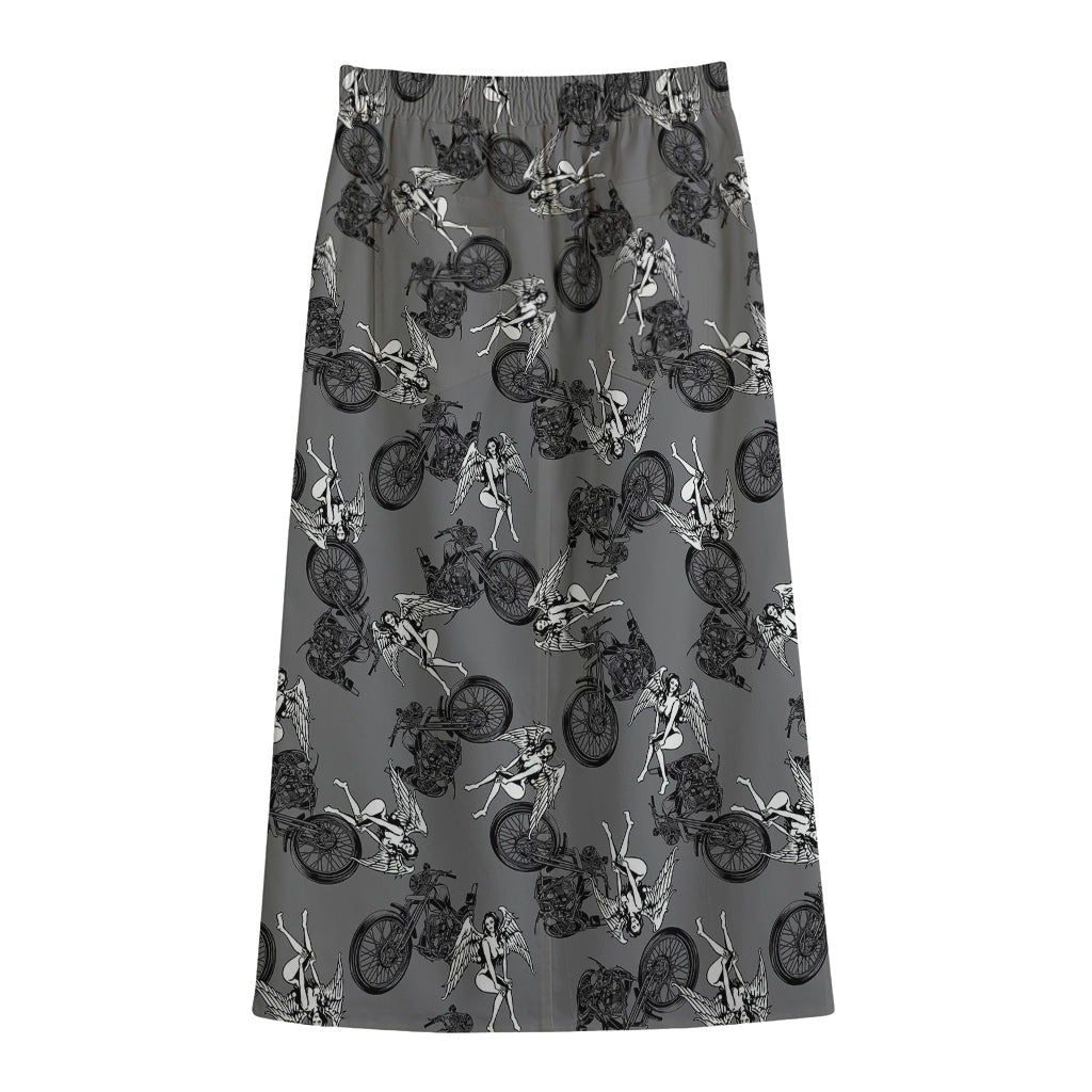 Motorcycle And Angel Pattern Print Cotton Front Slit Maxi Skirt