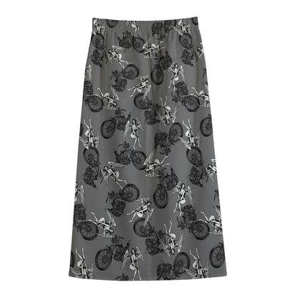 Motorcycle And Angel Pattern Print Cotton Front Slit Maxi Skirt