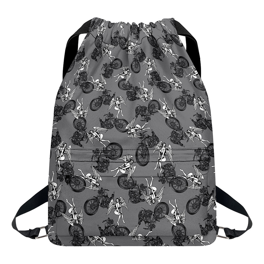 Motorcycle And Angel Pattern Print Drawstring Backpack