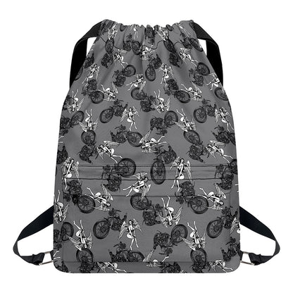 Motorcycle And Angel Pattern Print Drawstring Backpack