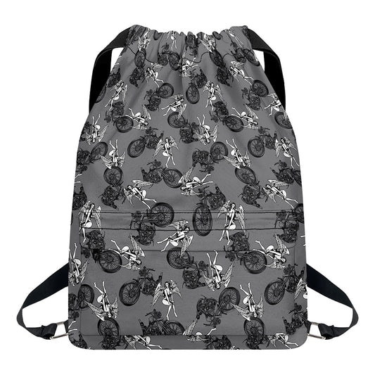 Motorcycle And Angel Pattern Print Drawstring Backpack