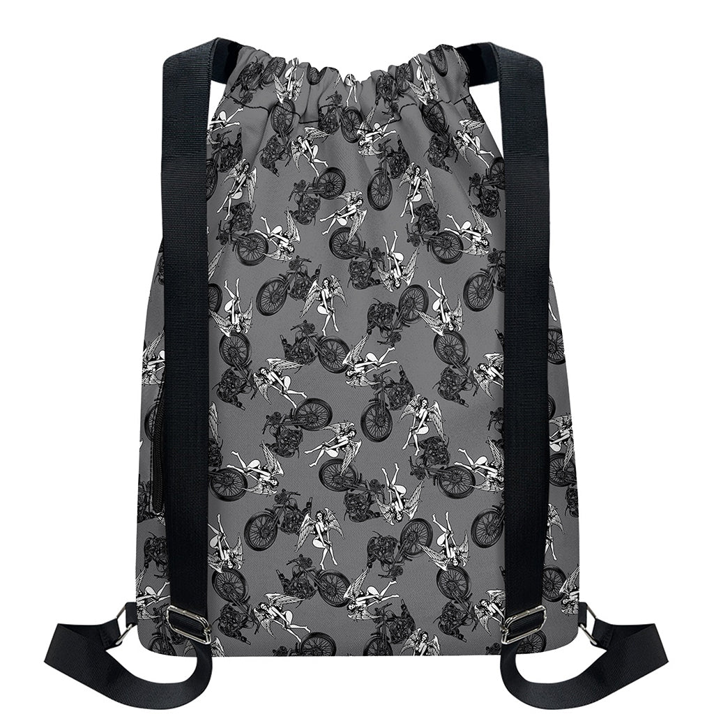 Motorcycle And Angel Pattern Print Drawstring Backpack