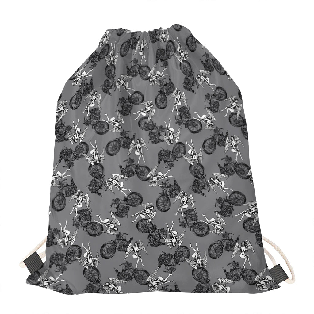 Motorcycle And Angel Pattern Print Drawstring Bag