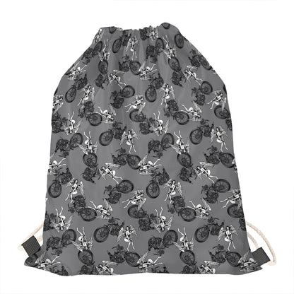 Motorcycle And Angel Pattern Print Drawstring Bag