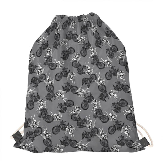 Motorcycle And Angel Pattern Print Drawstring Bag