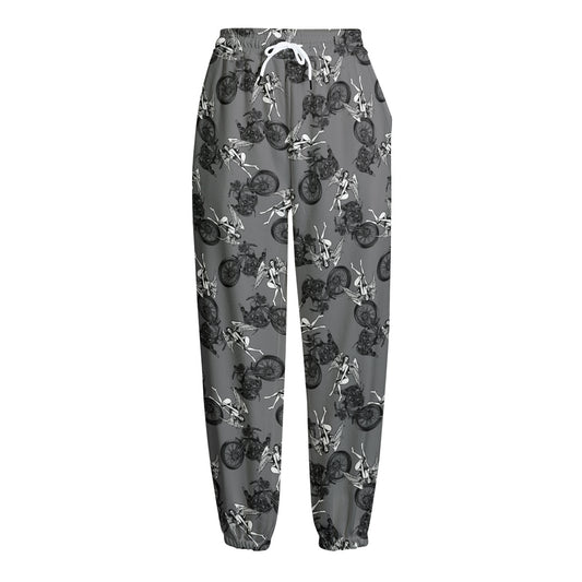 Motorcycle And Angel Pattern Print Fleece Lined Knit Pants