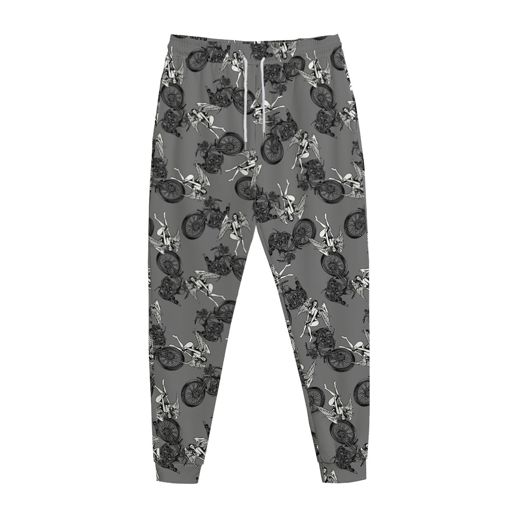 Motorcycle And Angel Pattern Print Jogger Pants