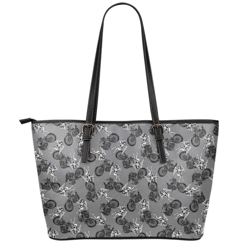 Motorcycle And Angel Pattern Print Leather Tote Bag