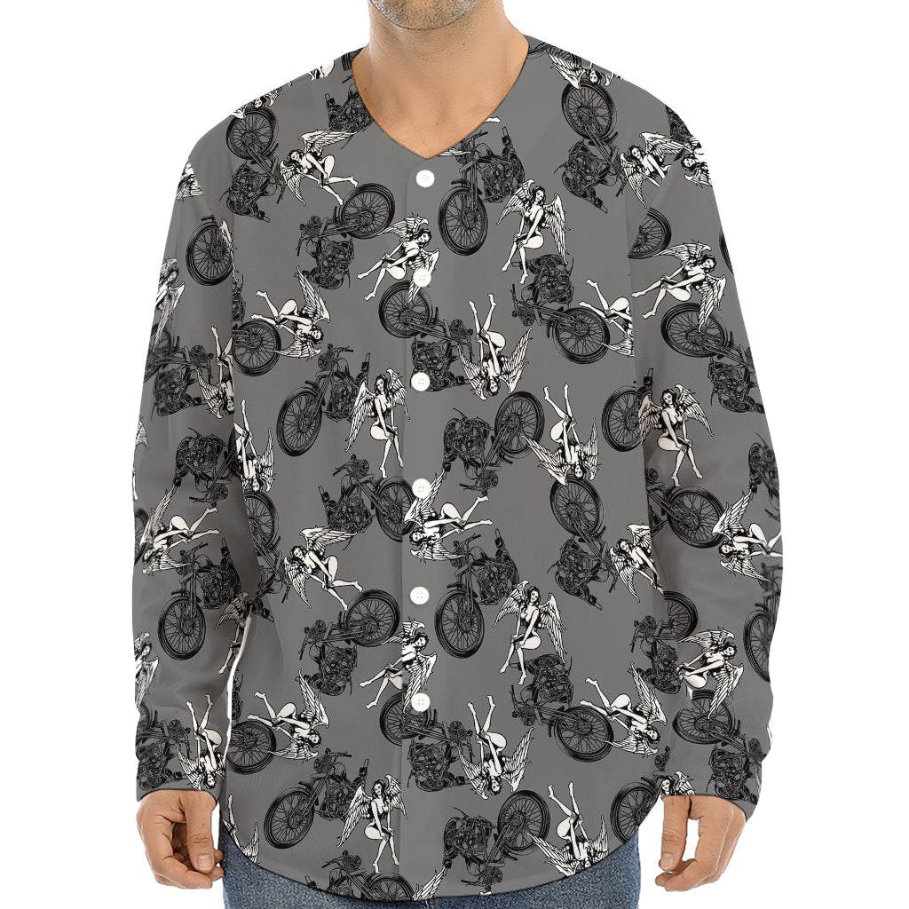 Motorcycle And Angel Pattern Print Long Sleeve Baseball Jersey