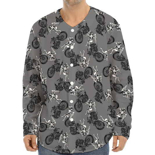 Motorcycle And Angel Pattern Print Long Sleeve Baseball Jersey