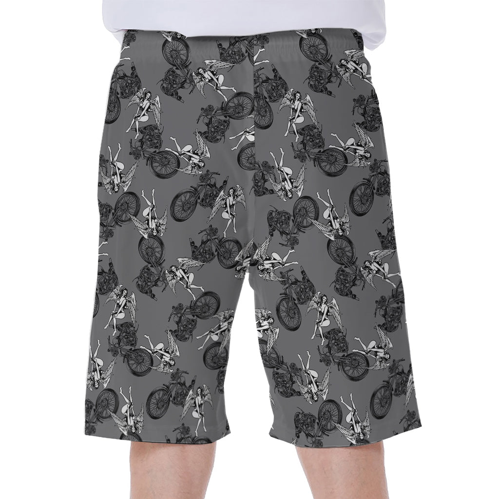Motorcycle And Angel Pattern Print Men's Beach Shorts