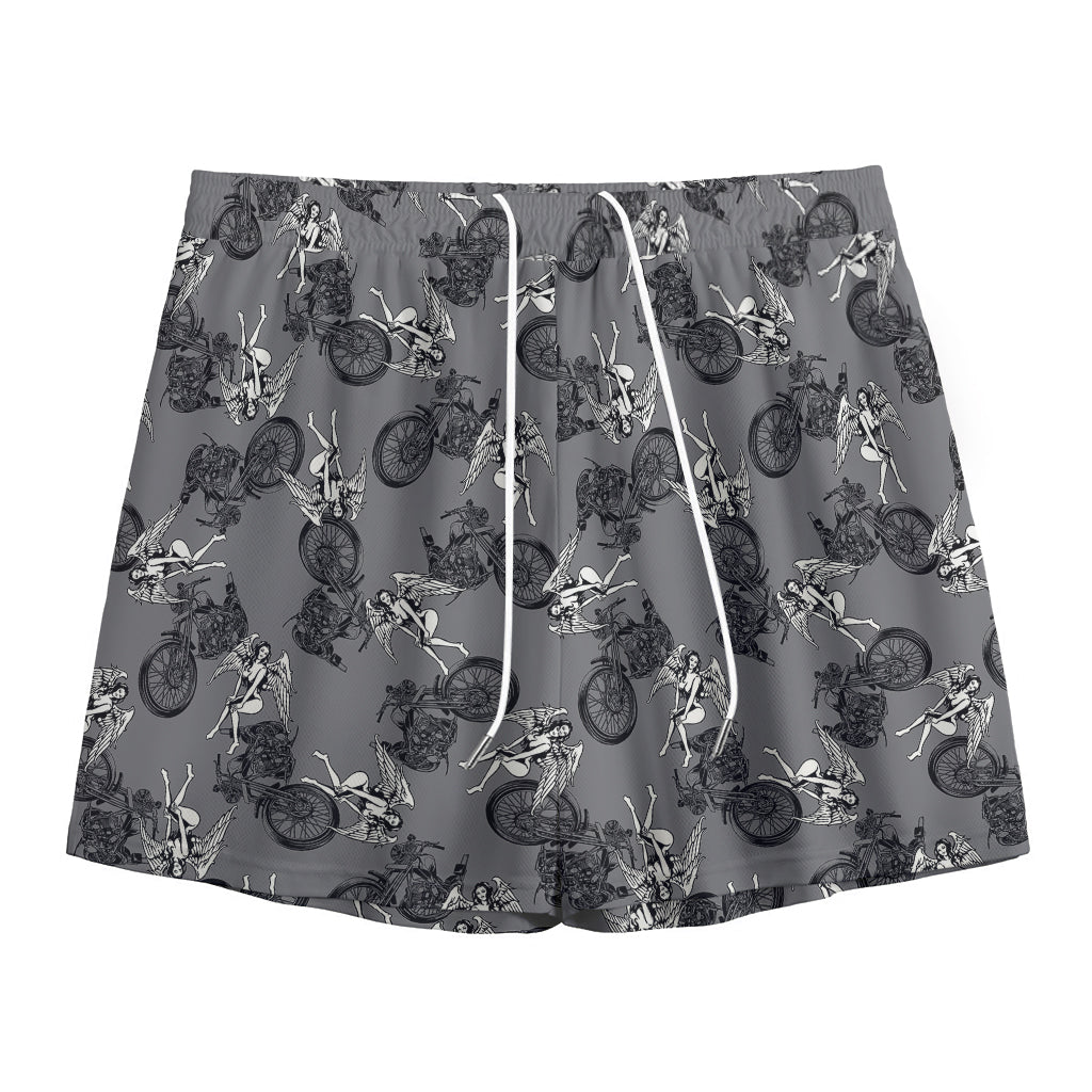 Motorcycle And Angel Pattern Print Mesh Shorts