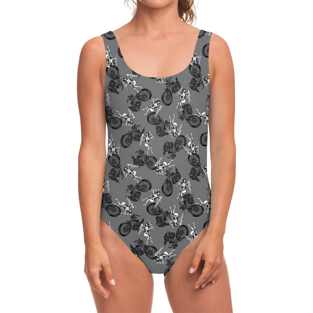 Motorcycle And Angel Pattern Print One Piece Swimsuit