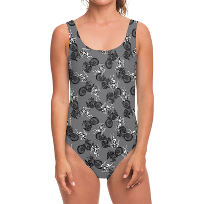 Motorcycle And Angel Pattern Print One Piece Swimsuit