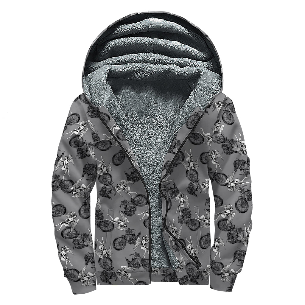 Motorcycle And Angel Pattern Print Sherpa Lined Zip Up Hoodie