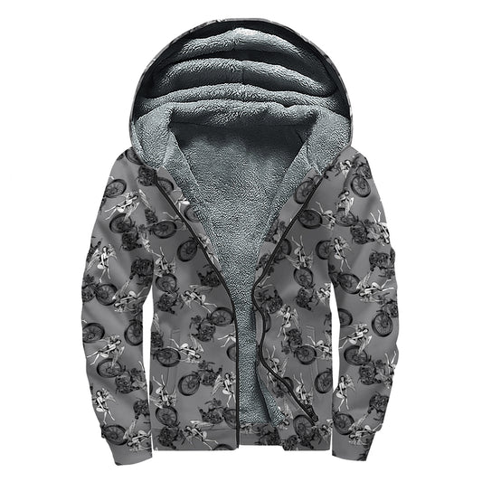 Motorcycle And Angel Pattern Print Sherpa Lined Zip Up Hoodie