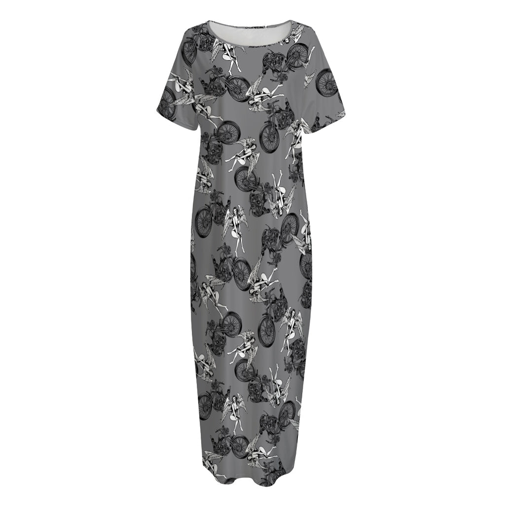 Motorcycle And Angel Pattern Print Short Sleeve Long Nightdress