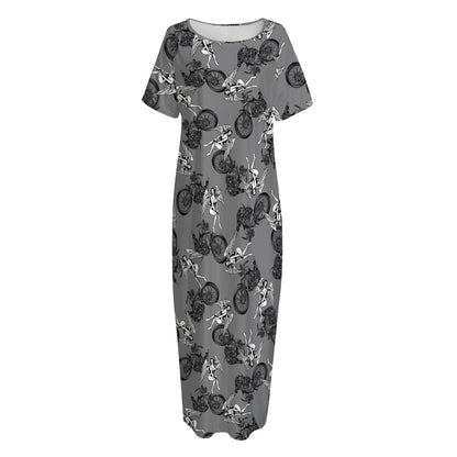Motorcycle And Angel Pattern Print Short Sleeve Long Nightdress