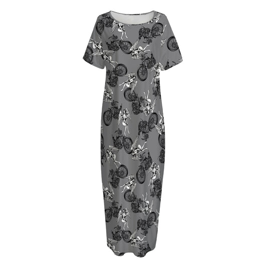 Motorcycle And Angel Pattern Print Short Sleeve Long Nightdress