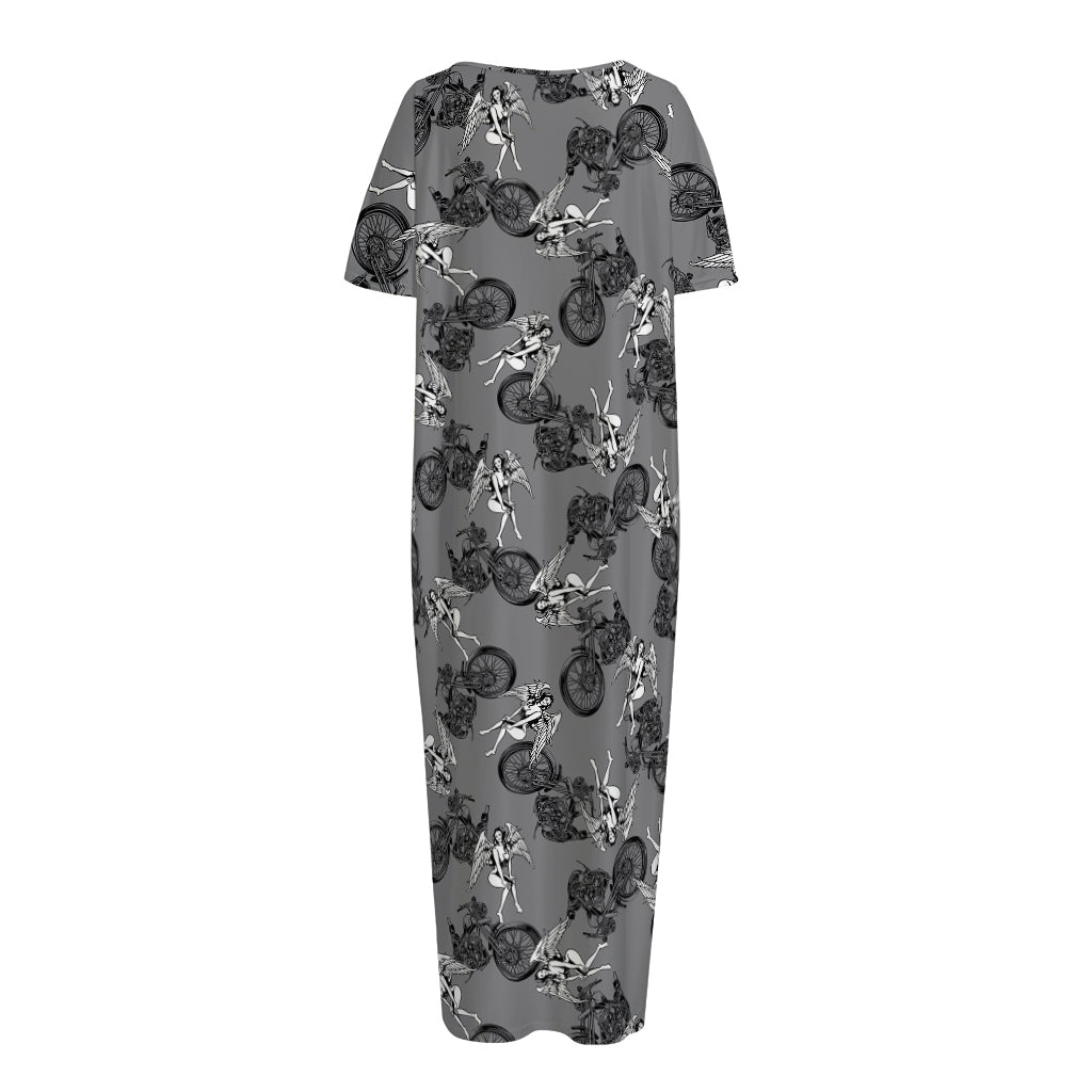 Motorcycle And Angel Pattern Print Short Sleeve Long Nightdress