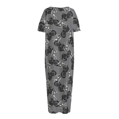 Motorcycle And Angel Pattern Print Short Sleeve Long Nightdress