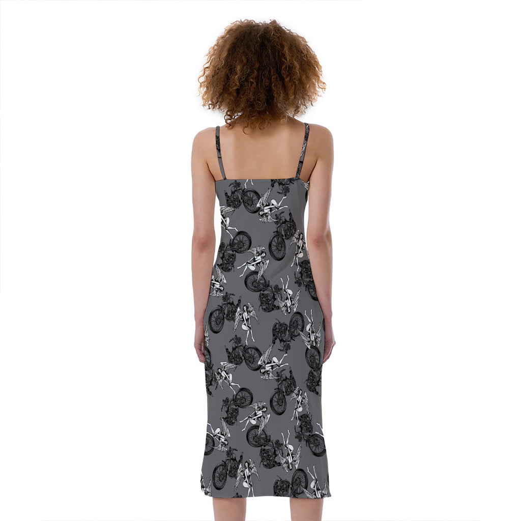 Motorcycle And Angel Pattern Print Slim Fit Midi Cami Dress