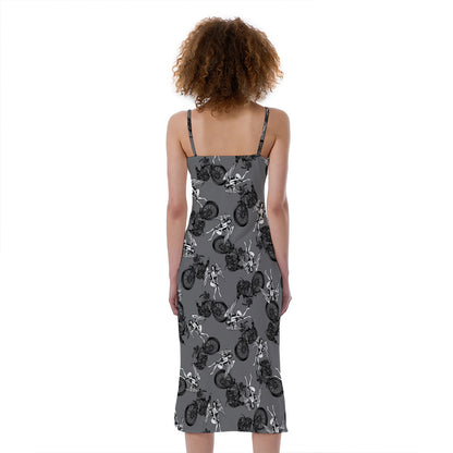 Motorcycle And Angel Pattern Print Slim Fit Midi Cami Dress