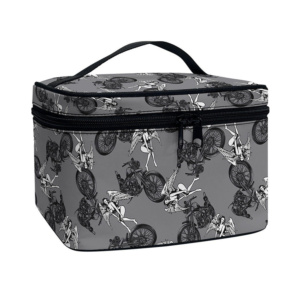 Motorcycle And Angel Pattern Print Travel Makeup Bag