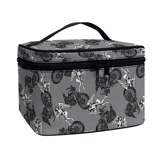 Motorcycle And Angel Pattern Print Travel Makeup Bag