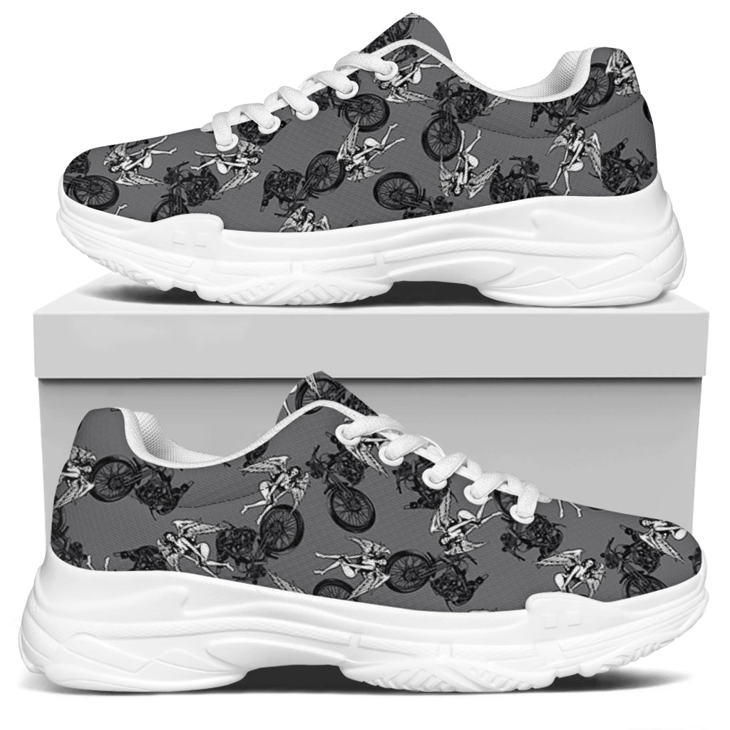 Motorcycle And Angel Pattern Print White Chunky Shoes