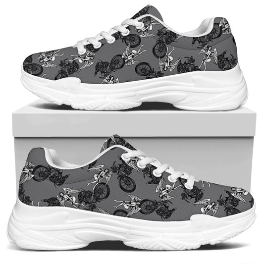 Motorcycle And Angel Pattern Print White Chunky Shoes