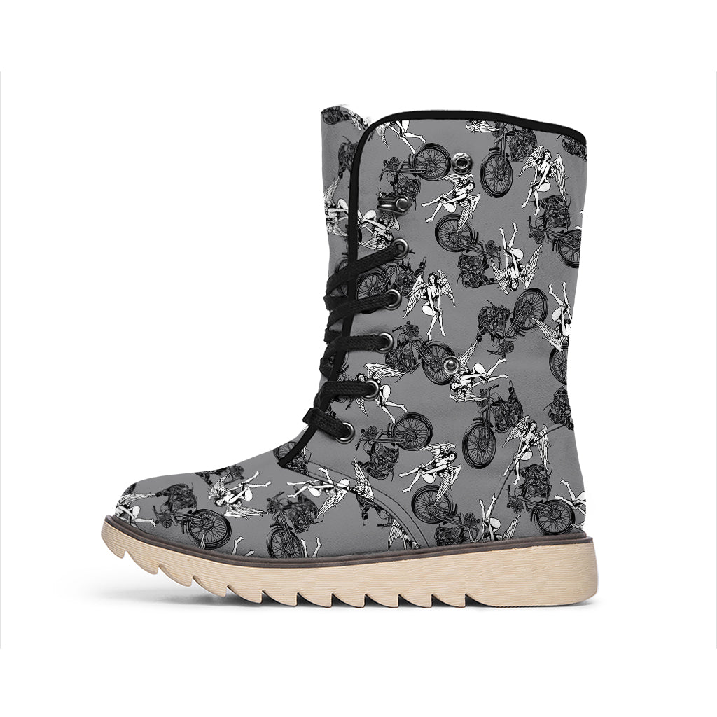 Motorcycle And Angel Pattern Print Winter Boots