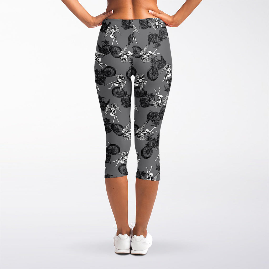 Motorcycle And Angel Pattern Print Women's Capri Leggings
