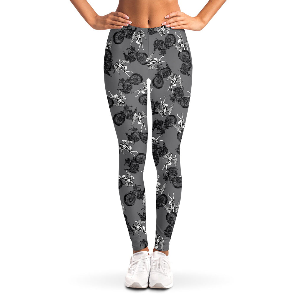 Motorcycle And Angel Pattern Print Women's Leggings
