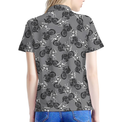 Motorcycle And Angel Pattern Print Women's Polo Shirt