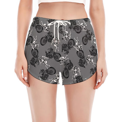 Motorcycle And Angel Pattern Print Women's Split Running Shorts