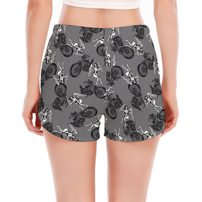 Motorcycle And Angel Pattern Print Women's Split Running Shorts