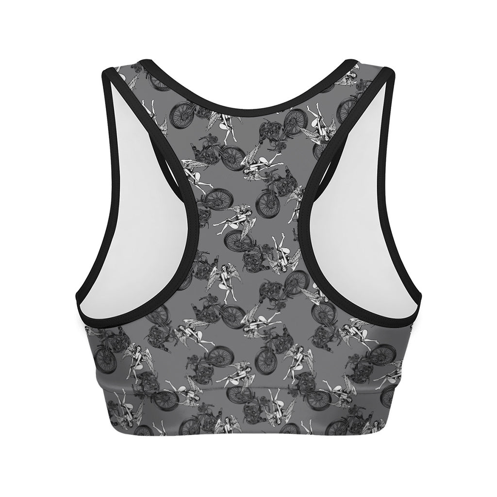 Motorcycle And Angel Pattern Print Women's Sports Bra