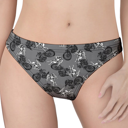 Motorcycle And Angel Pattern Print Women's Thong