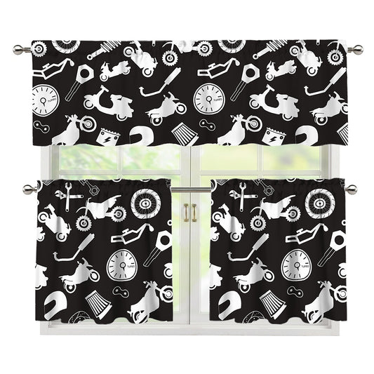 Motorcycle Equipment Pattern Print 3 Piece Kitchen Curtains