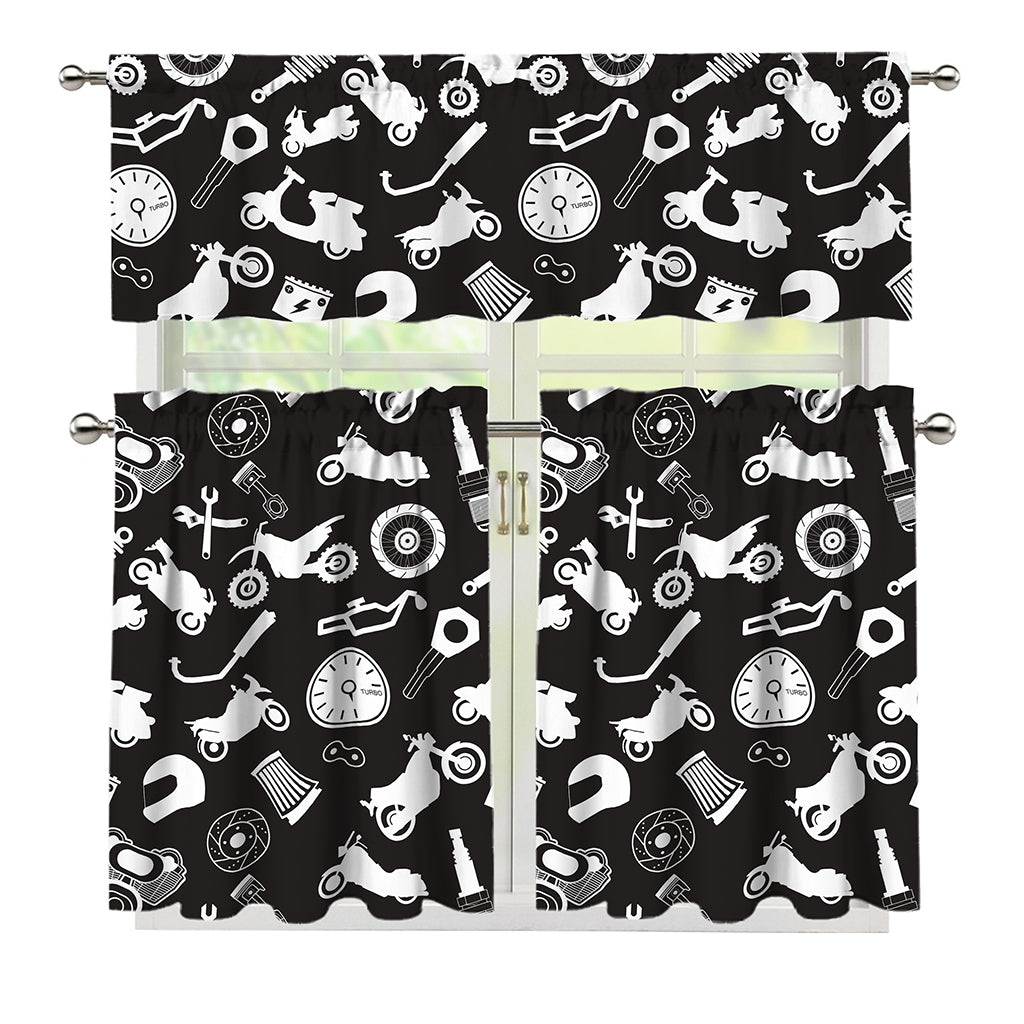 Motorcycle Equipment Pattern Print 3 Piece Kitchen Curtains