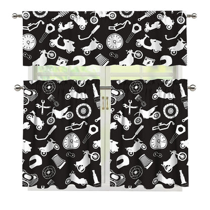 Motorcycle Equipment Pattern Print 3 Piece Kitchen Curtains
