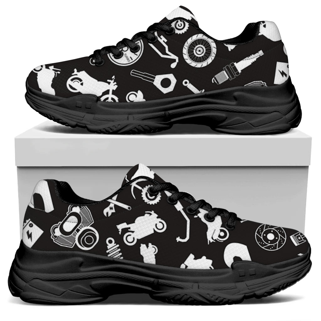 Motorcycle Equipment Pattern Print Black Chunky Shoes