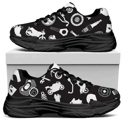 Motorcycle Equipment Pattern Print Black Chunky Shoes