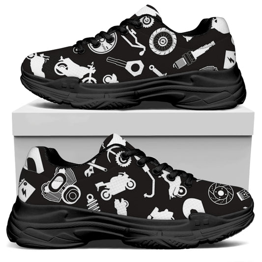 Motorcycle Equipment Pattern Print Black Chunky Shoes